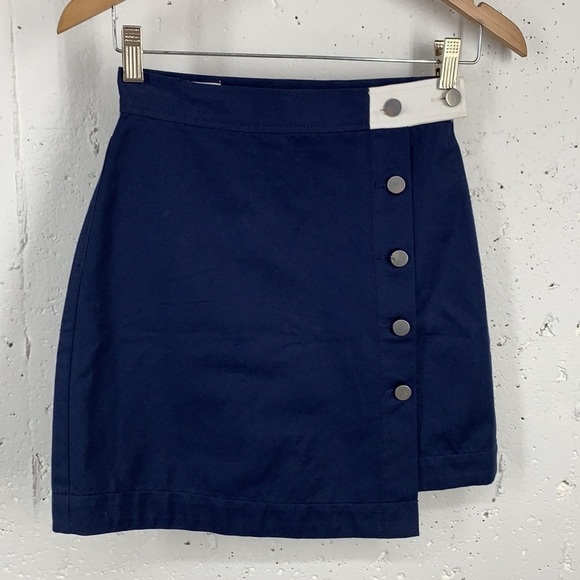 BLDWN size 0 Alexis Nocturnal Navy Asymmetrical Hem Wrap Button Mini Skirt - Picture 2 of 12